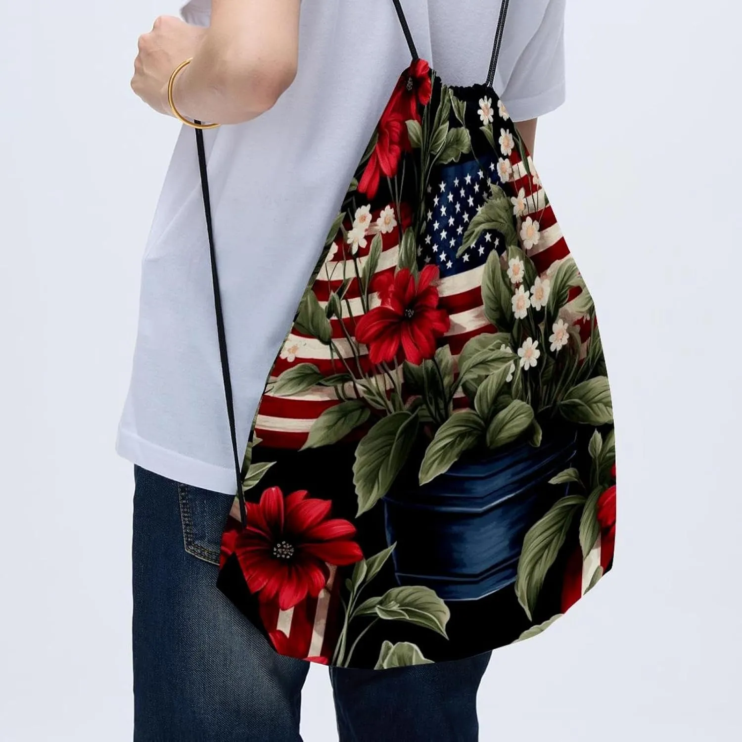 2 Pcs American Flag Plant Drawstring Backpack String Bag Sports Sack pack Gym Sack Side Pocket for Men Women