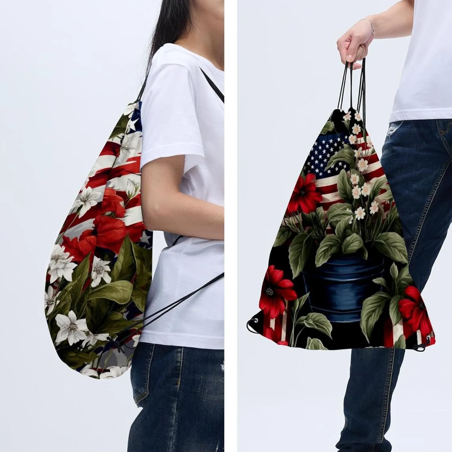 2 Pcs American Flag Plant Drawstring Backpack String Bag Sports Sack pack Gym Sack Side Pocket for Men Women