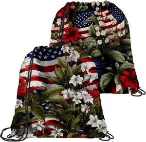 2 Pcs American Flag Plant Drawstring Backpack String Bag Sports Sack pack Gym Sack Side Pocket for Men Women