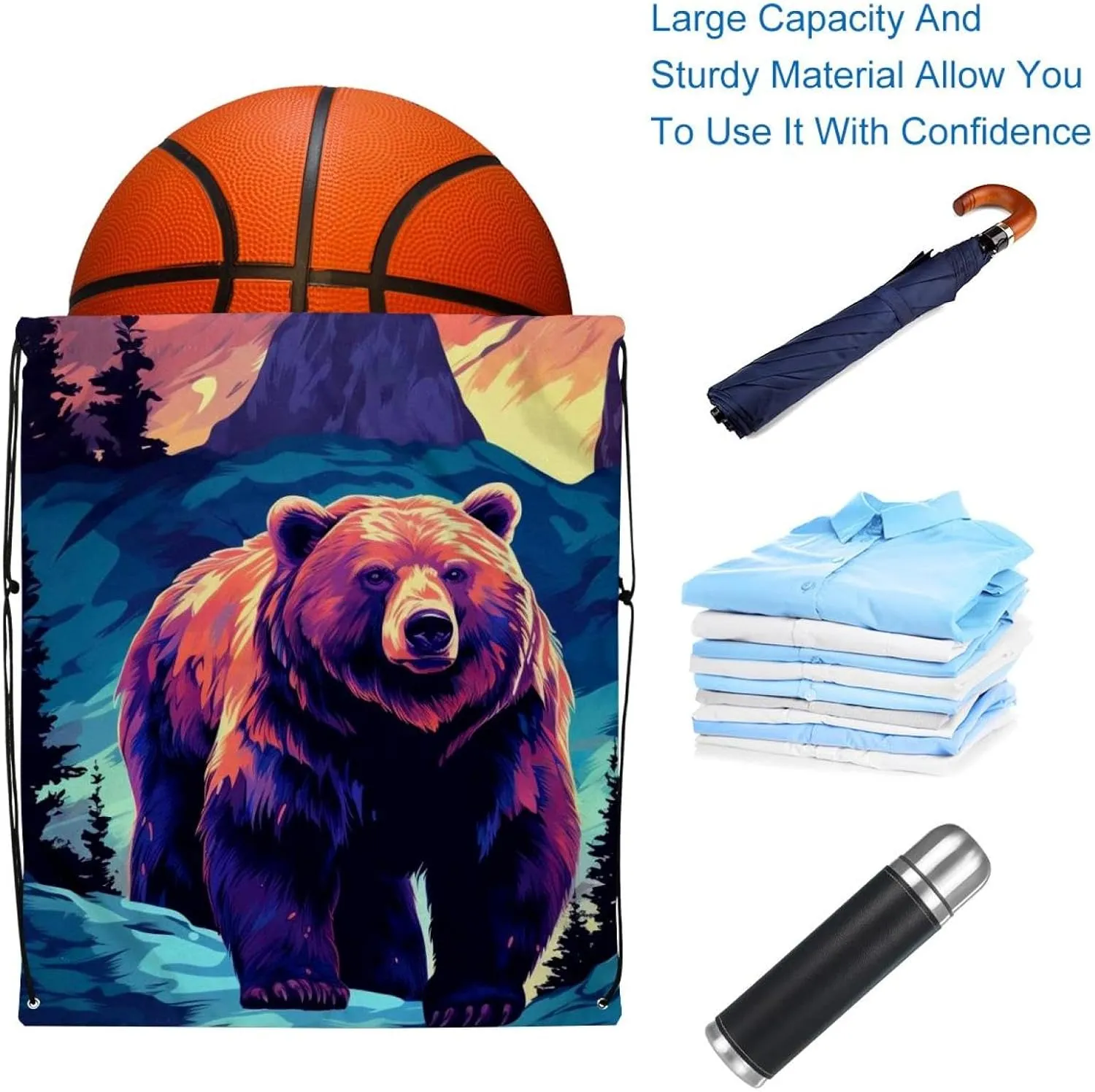 2 Pcs Bear Drawstring Backpack String Bag Sports Sack pack Gym Sack Side Pocket for Men Women