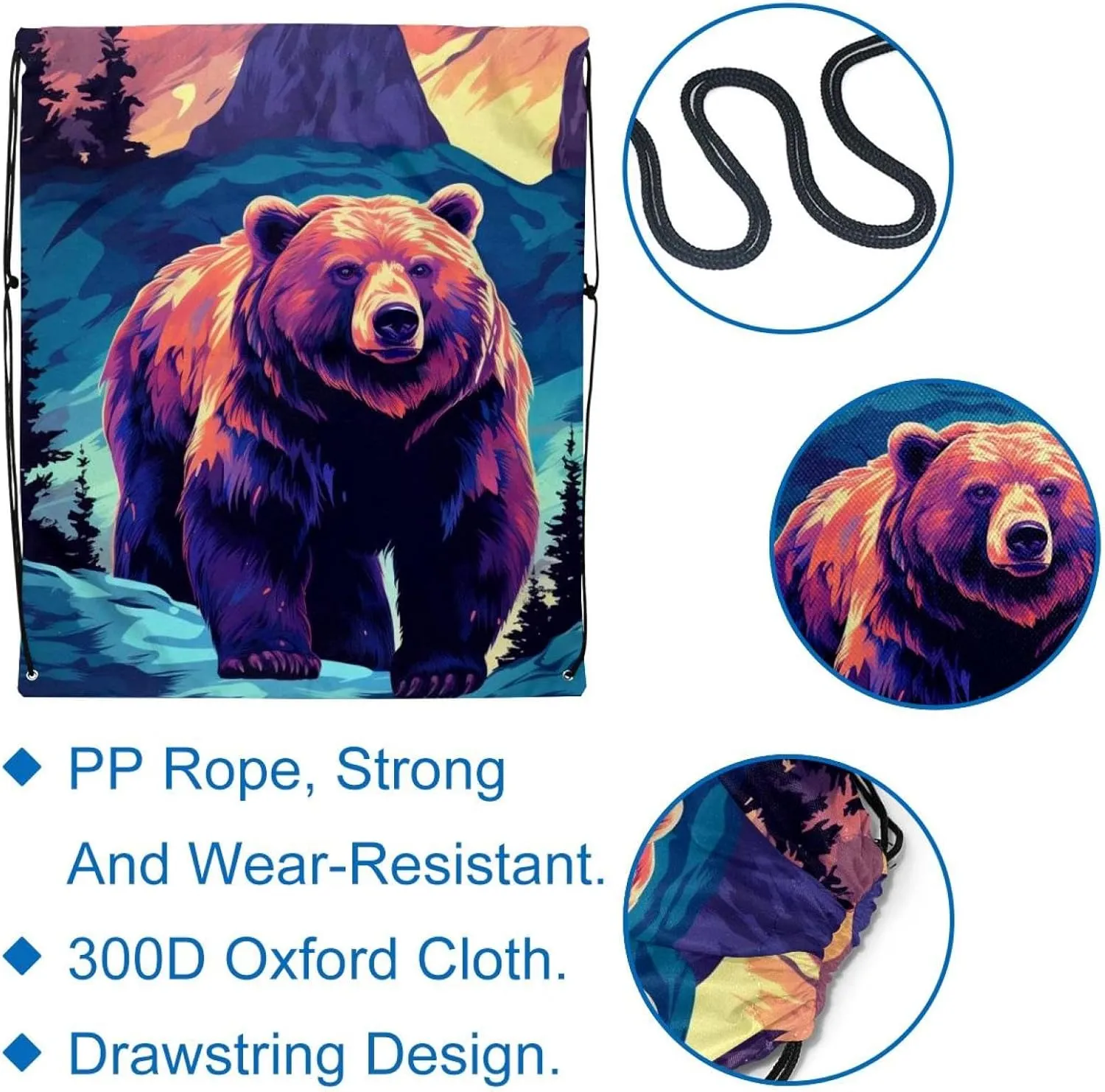 2 Pcs Bear Drawstring Backpack String Bag Sports Sack pack Gym Sack Side Pocket for Men Women