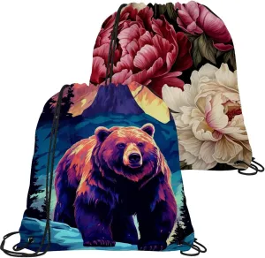 2 Pcs Bear Drawstring Backpack String Bag Sports Sack pack Gym Sack Side Pocket for Men Women