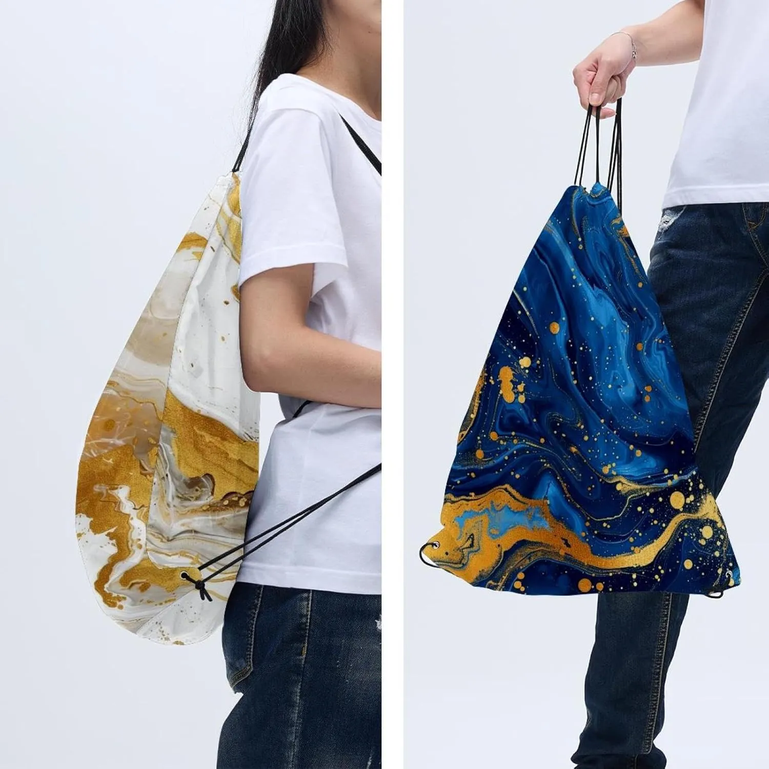 2 Pcs Marble Drawstring Backpack String Bag Sports Sack pack Gym Sack Side Pocket for Men Women