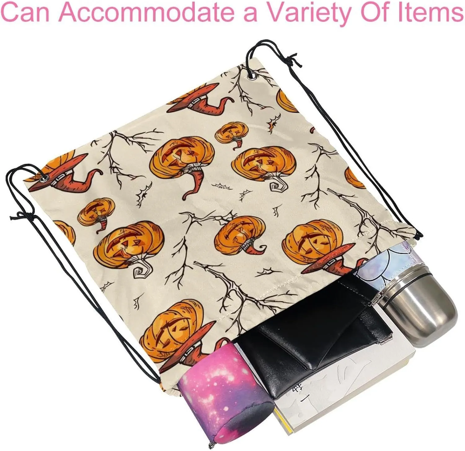 2 Pcs Orange Pumpkins and Bats 1 Drawstring Backpack String Bag Sports Sack pack Gym Sack Side Pocket for Men Women