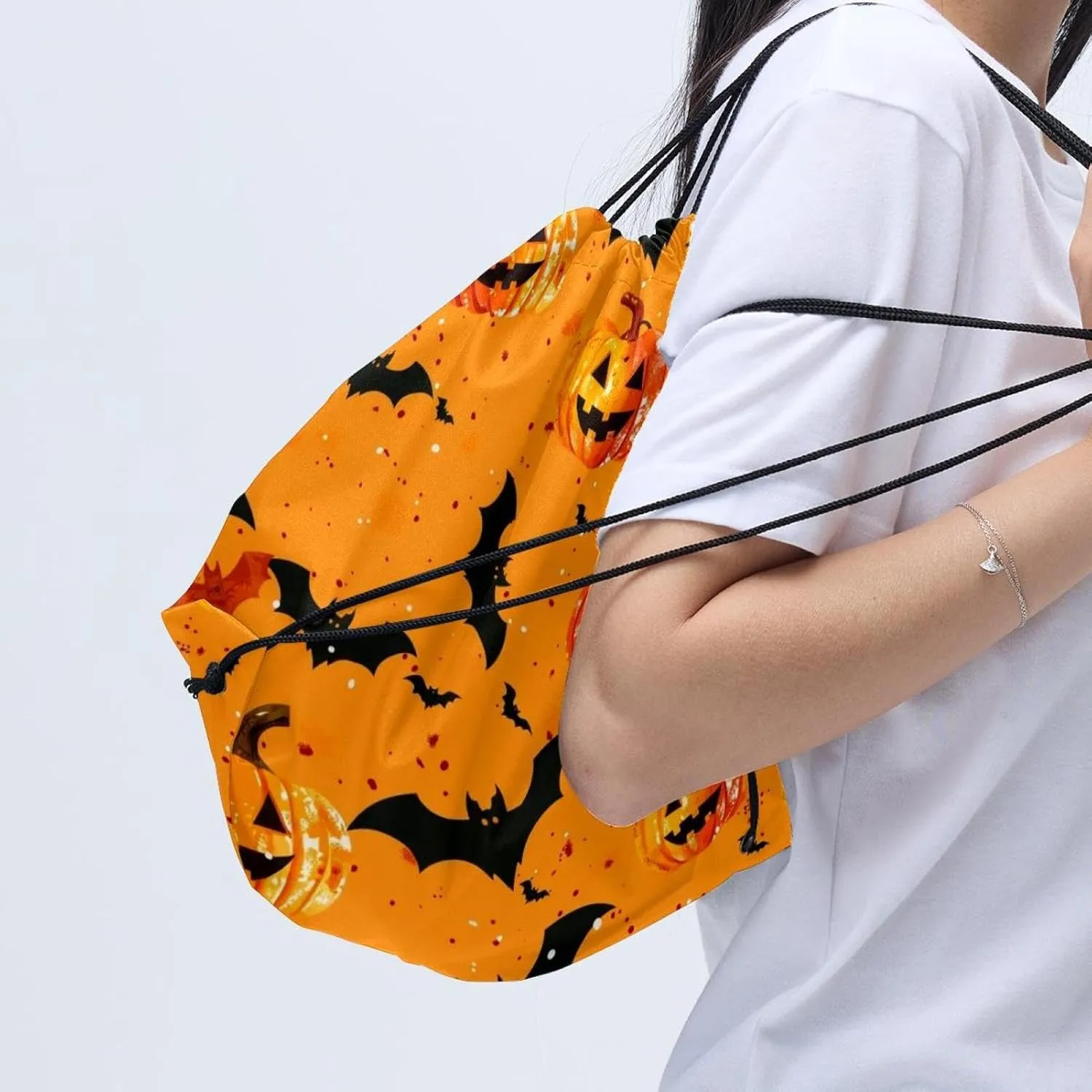2 Pcs Orange Pumpkins and Bats 1 Drawstring Backpack String Bag Sports Sack pack Gym Sack Side Pocket for Men Women