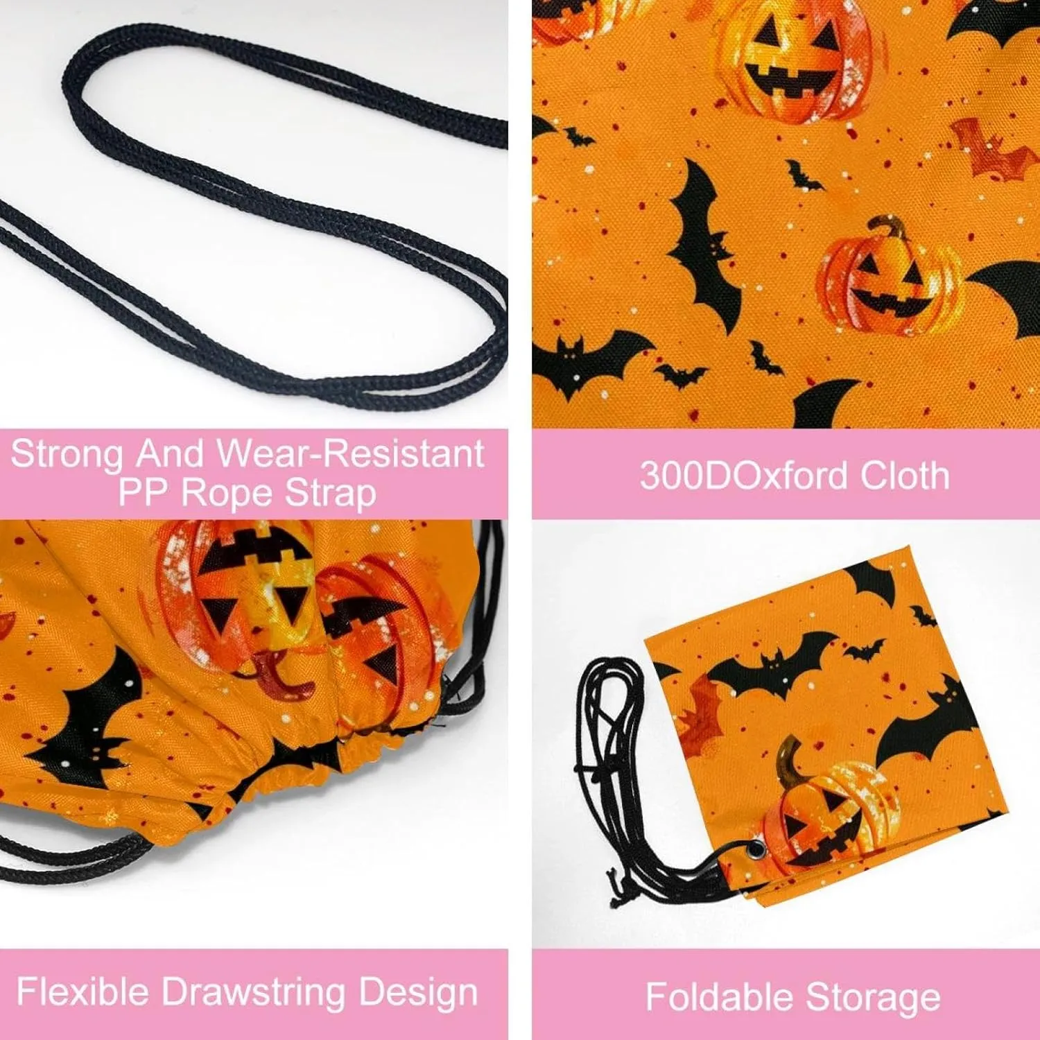 2 Pcs Orange Pumpkins and Bats 1 Drawstring Backpack String Bag Sports Sack pack Gym Sack Side Pocket for Men Women