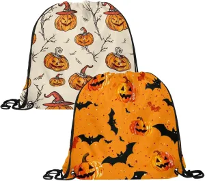 2 Pcs Orange Pumpkins and Bats 1 Drawstring Backpack String Bag Sports Sack pack Gym Sack Side Pocket for Men Women