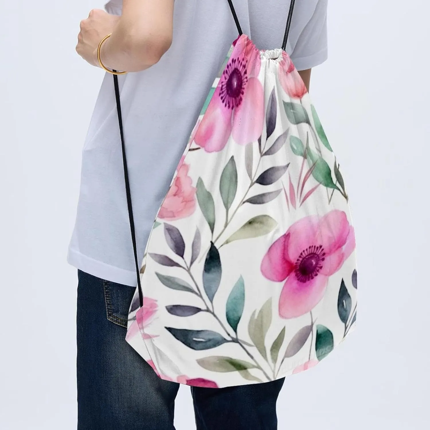 2 Pcs Pink Flowers with Leaves Drawstring Backpack Bag Sport Gym Sack pack
