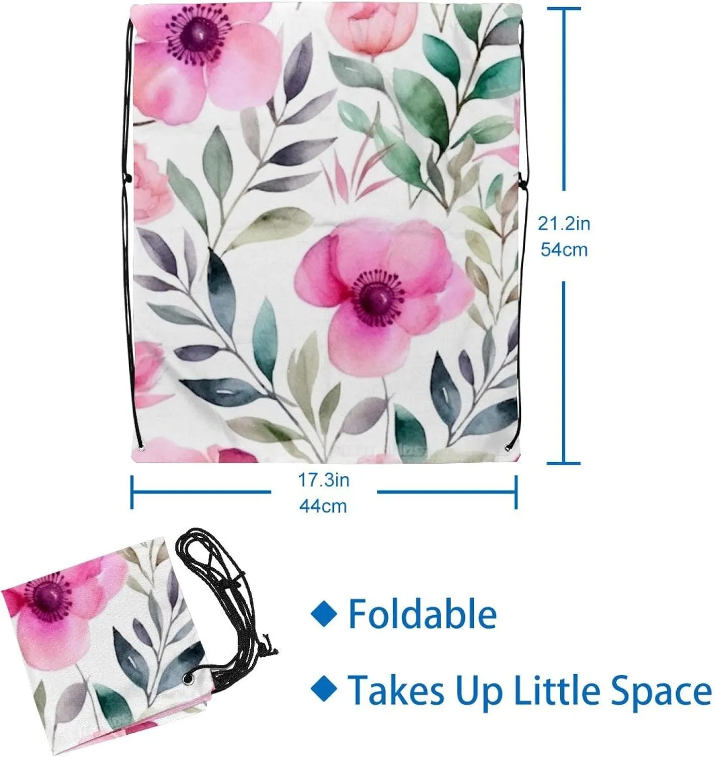 2 Pcs Pink Flowers with Leaves Drawstring Backpack Bag Sport Gym Sack pack