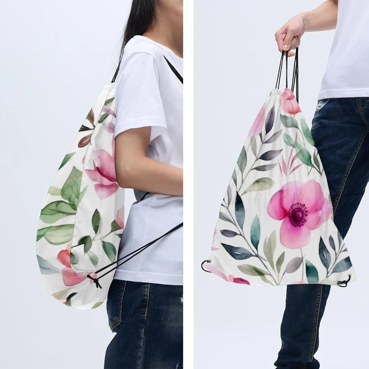 2 Pcs Pink Flowers with Leaves Drawstring Backpack Bag Sport Gym Sack pack