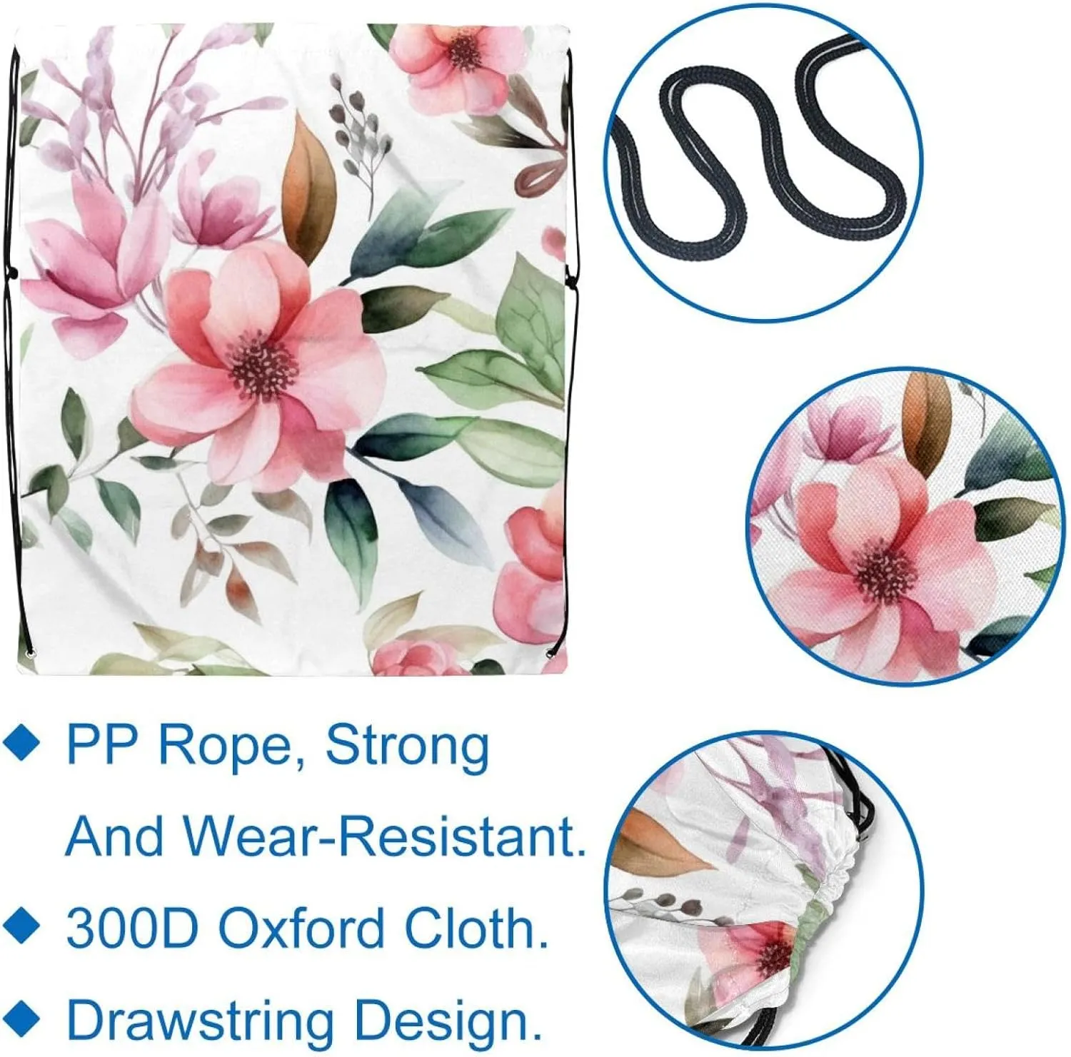 2 Pcs Pink Flowers with Leaves Drawstring Backpack Bag Sport Gym Sack pack
