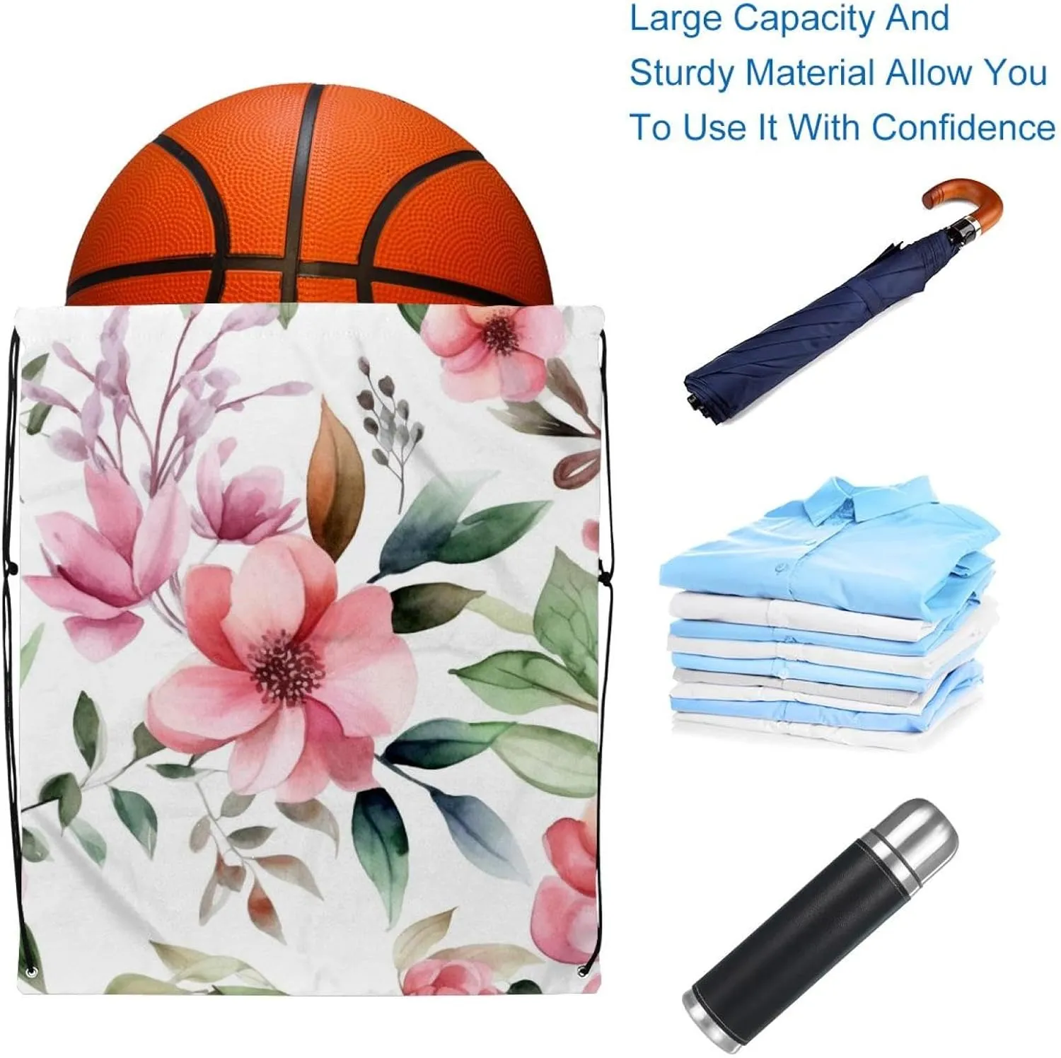 2 Pcs Pink Flowers with Leaves Drawstring Backpack Bag Sport Gym Sack pack