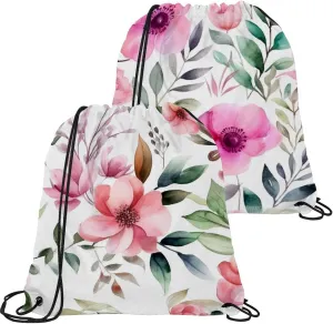 2 Pcs Pink Flowers with Leaves Drawstring Backpack Bag Sport Gym Sack pack