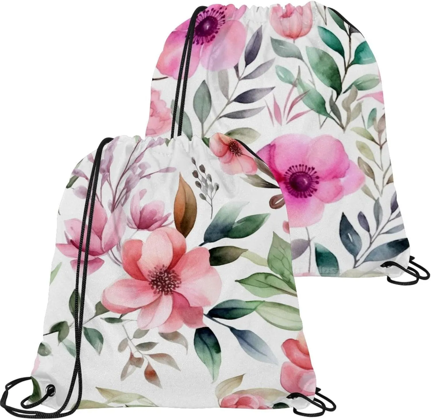 2 Pcs Pink Flowers with Leaves Drawstring Backpack Bag Sport Gym Sack pack