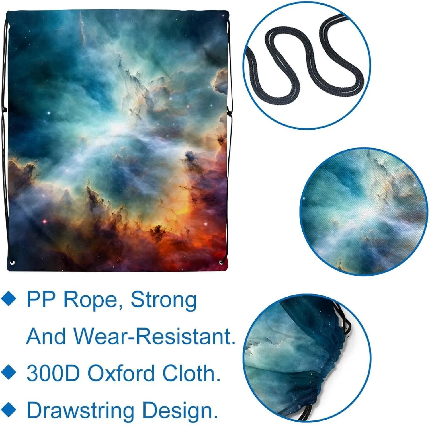2 Pcs Stars Nebula Drawstring Backpack String Bag Sports Sack pack Gym Sack Side Pocket for Men Women