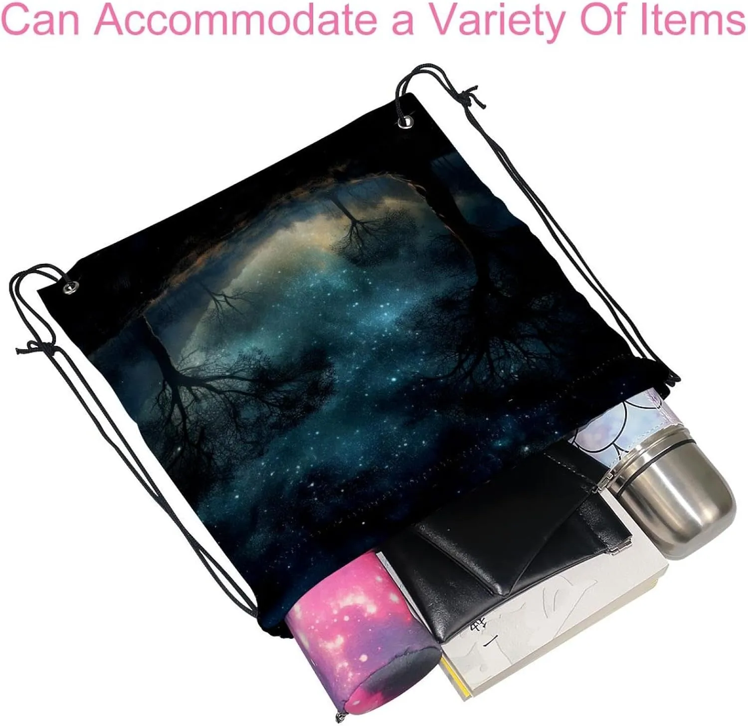 2 Pcs Stars Nebula Drawstring Backpack String Bag Sports Sack pack Gym Sack Side Pocket for Men Women