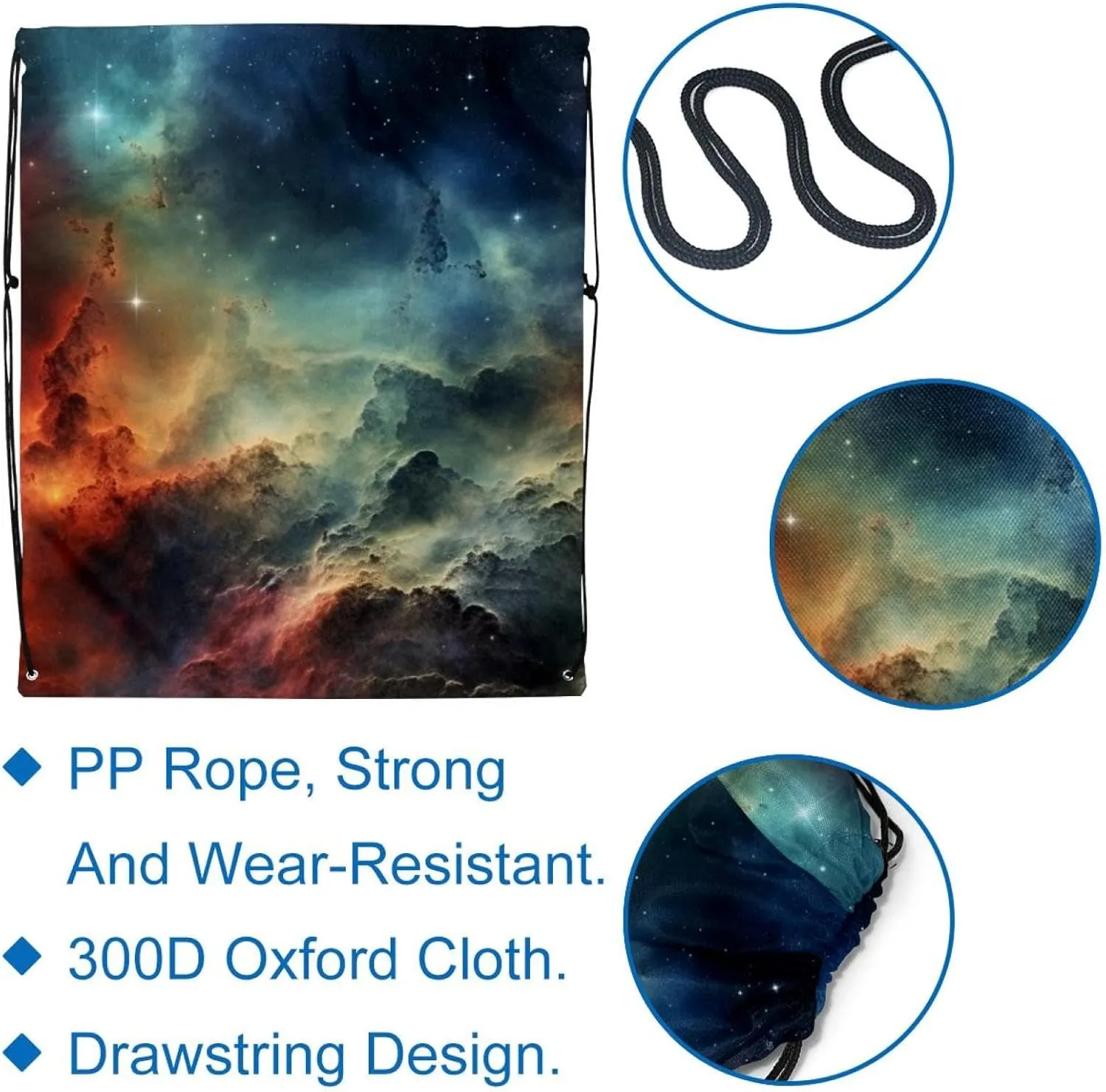 2 Pcs Stars Nebula Drawstring Backpack String Bag Sports Sack pack Gym Sack Side Pocket for Men Women