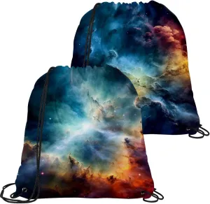 2 Pcs Stars Nebula Drawstring Backpack String Bag Sports Sack pack Gym Sack Side Pocket for Men Women