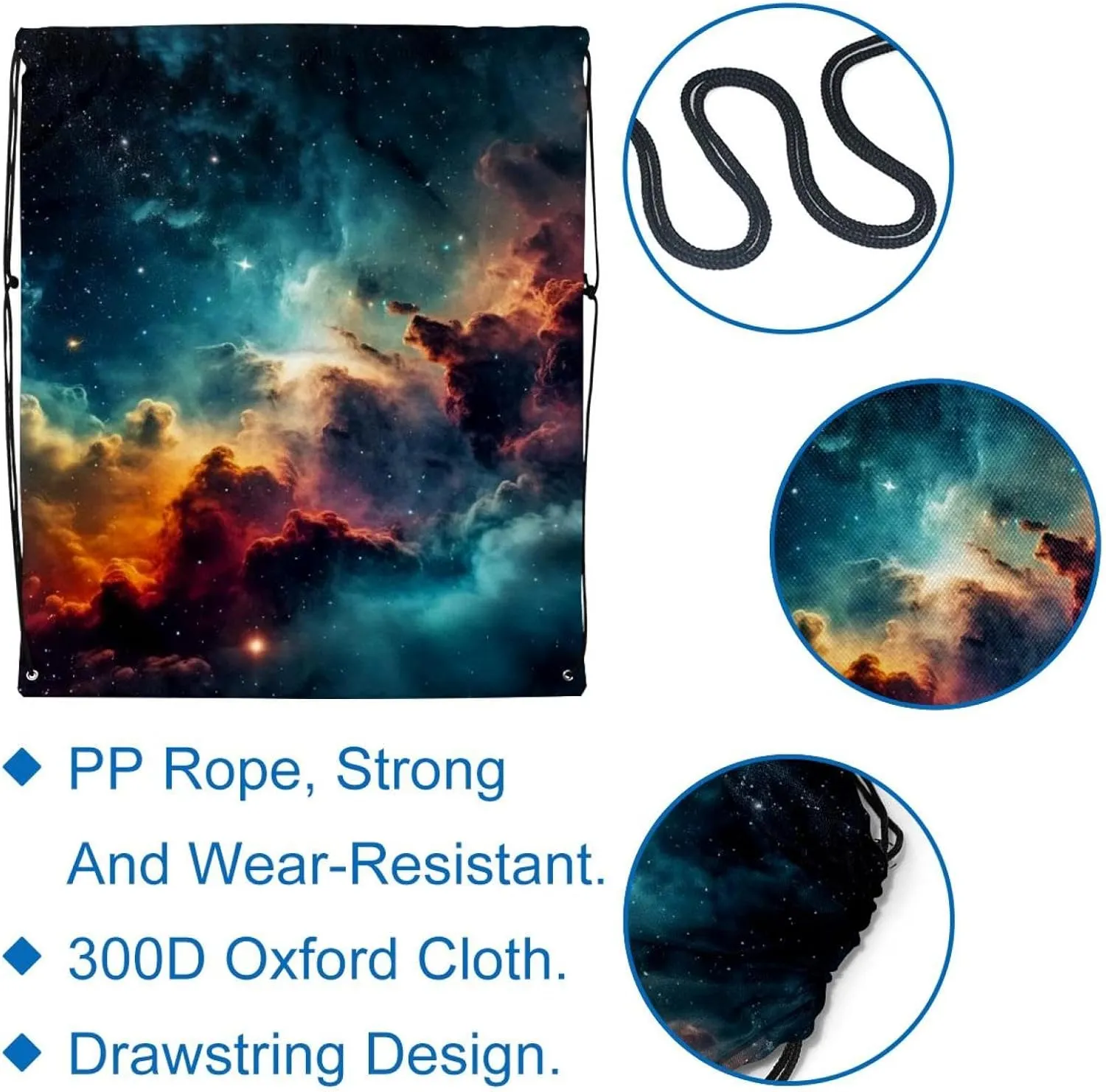 2 Pcs Stars Nebula Drawstring Backpack String Bag Sports Sack pack Gym Sack Side Pocket for Men Women