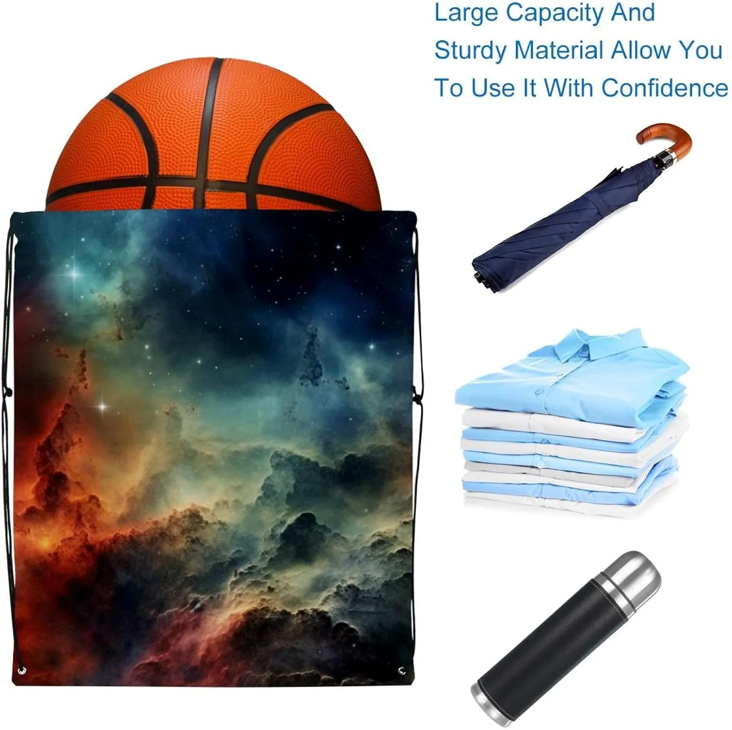 2 Pcs Stars Nebula Drawstring Backpack String Bag Sports Sack pack Gym Sack Side Pocket for Men Women