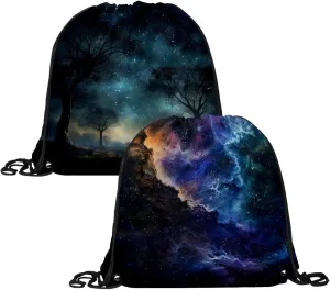 2 Pcs Stars Nebula Drawstring Backpack String Bag Sports Sack pack Gym Sack Side Pocket for Men Women