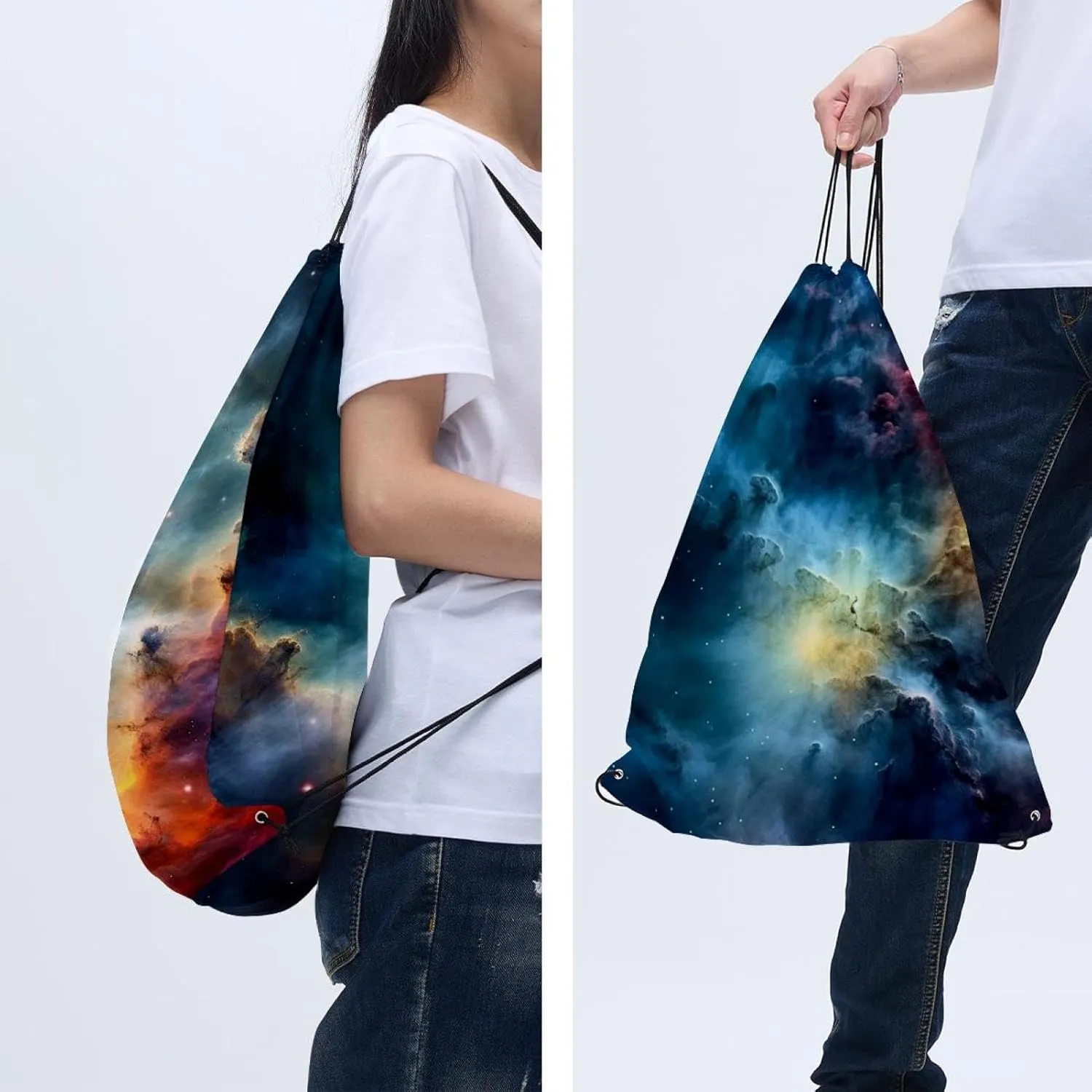 2 Pcs Stars Nebula Drawstring Backpack String Bag Sports Sack pack Gym Sack Side Pocket for Men Women
