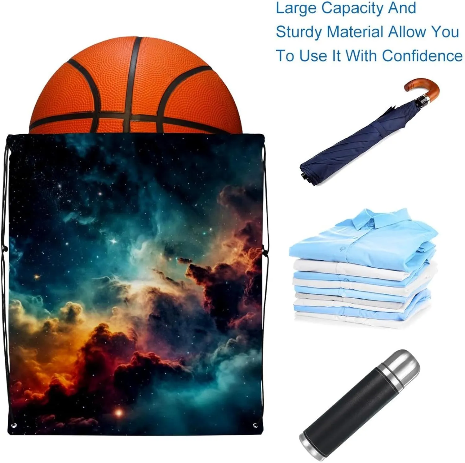 2 Pcs Stars Nebula Drawstring Backpack String Bag Sports Sack pack Gym Sack Side Pocket for Men Women