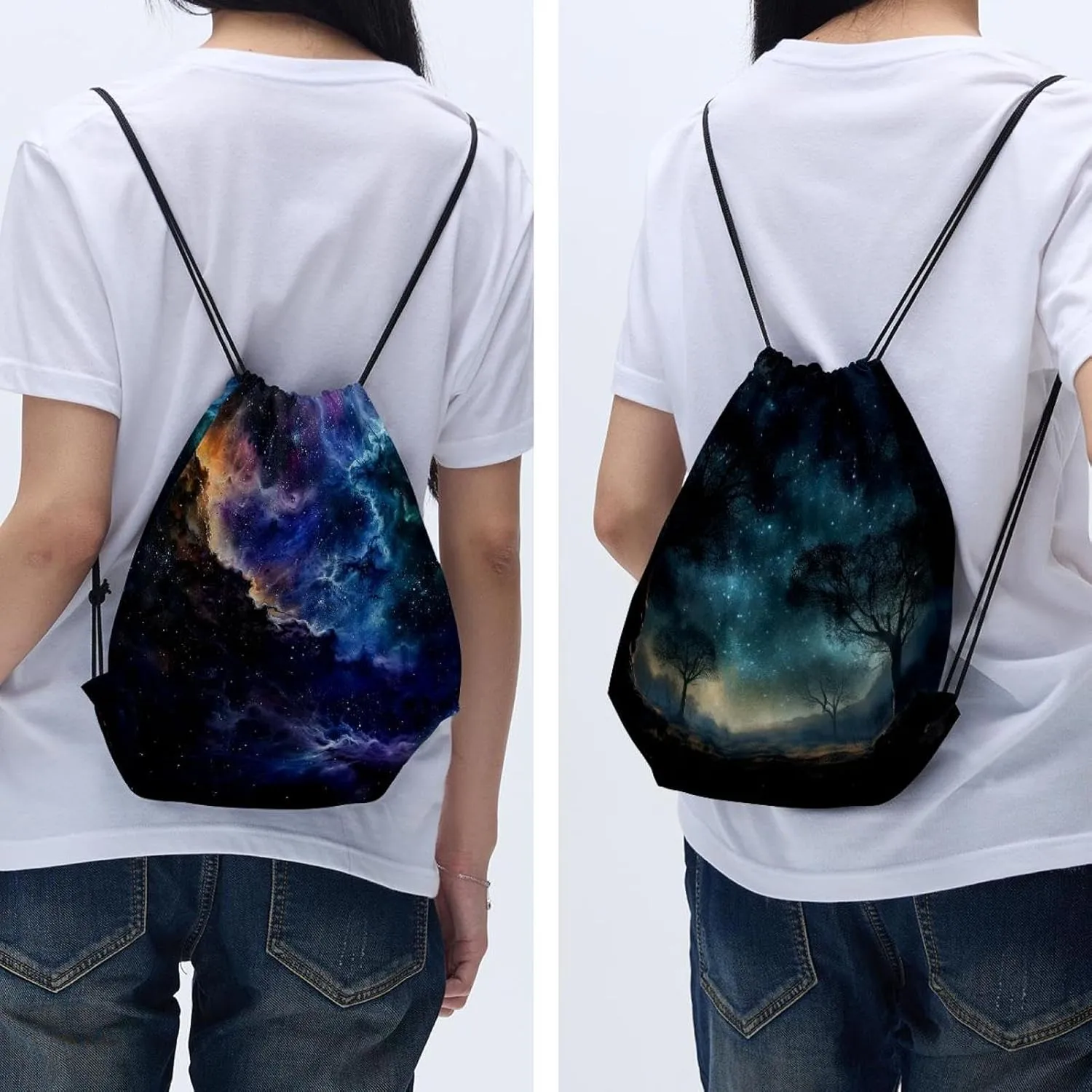 2 Pcs Stars Nebula Drawstring Backpack String Bag Sports Sack pack Gym Sack Side Pocket for Men Women