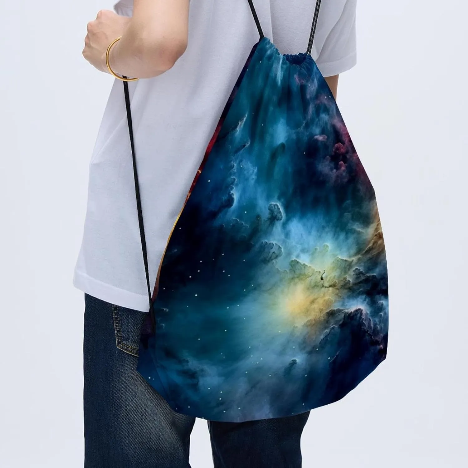2 Pcs Stars Nebula Drawstring Backpack String Bag Sports Sack pack Gym Sack Side Pocket for Men Women