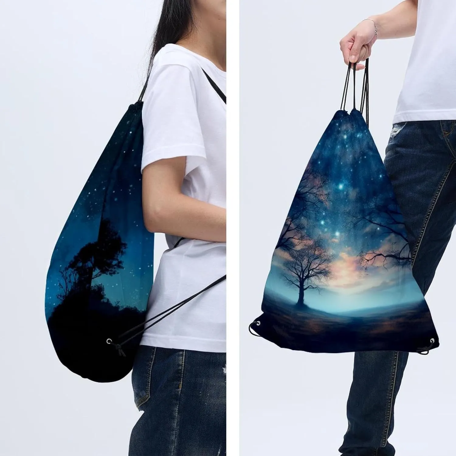 2 Pcs Stars Nebula Drawstring Backpack String Bag Sports Sack pack Gym Sack Side Pocket for Men Women