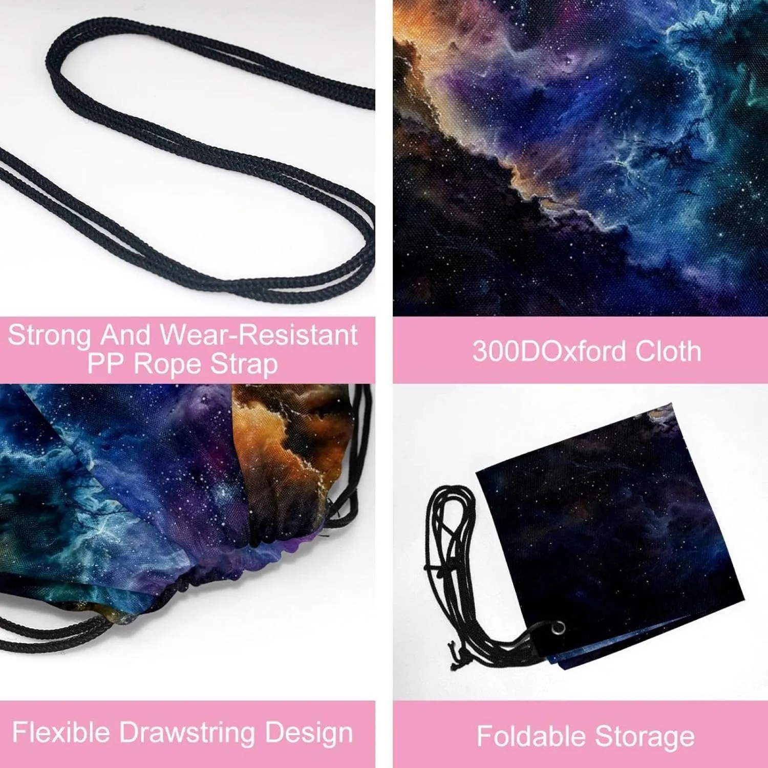 2 Pcs Stars Nebula Drawstring Backpack String Bag Sports Sack pack Gym Sack Side Pocket for Men Women