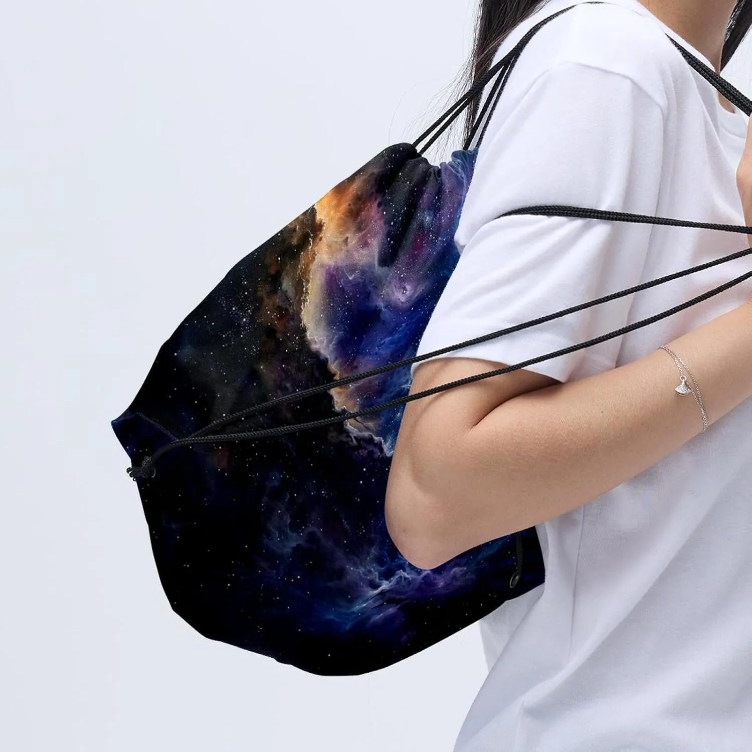 2 Pcs Stars Nebula Drawstring Backpack String Bag Sports Sack pack Gym Sack Side Pocket for Men Women
