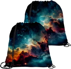 2 Pcs Stars Nebula Drawstring Backpack String Bag Sports Sack pack Gym Sack Side Pocket for Men Women