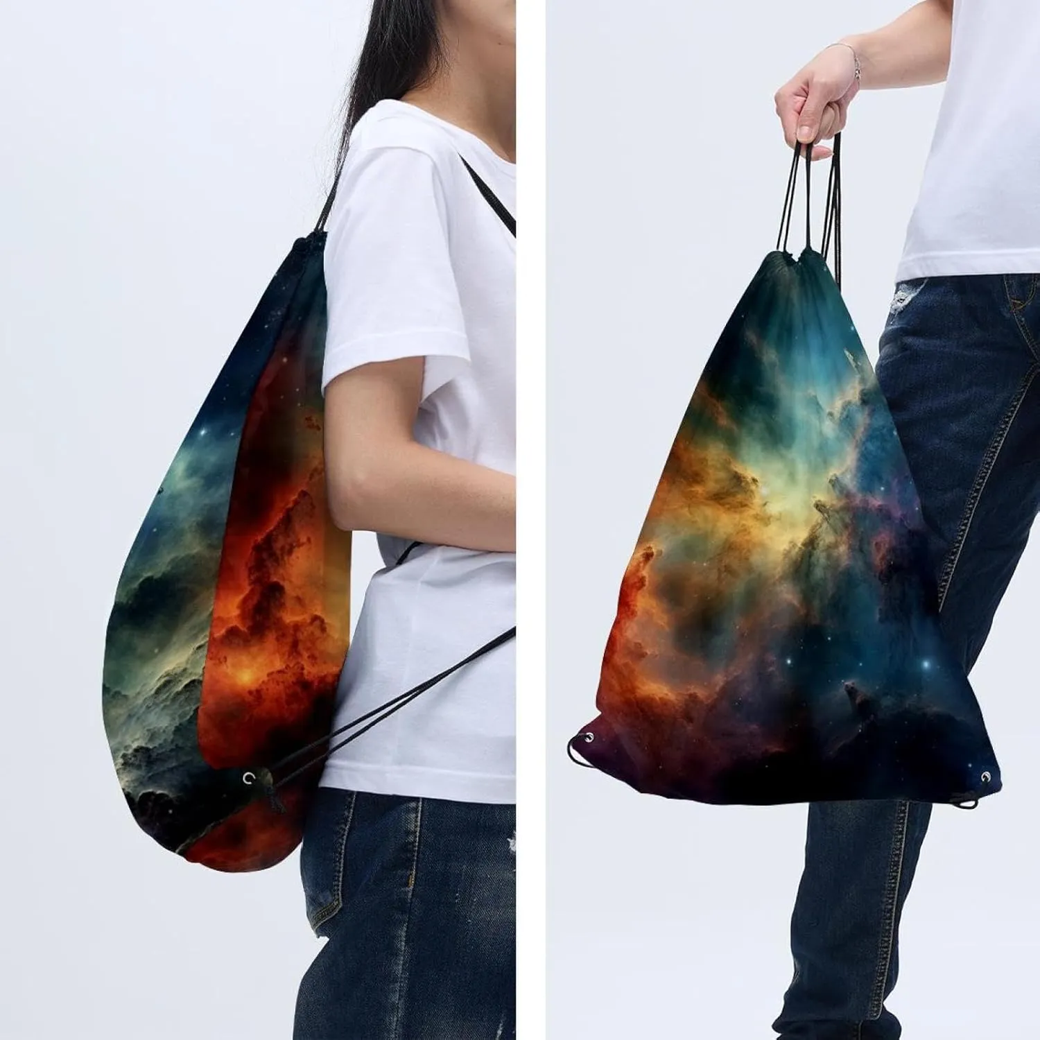 2 Pcs Stars Nebula Drawstring Backpack String Bag Sports Sack pack Gym Sack Side Pocket for Men Women