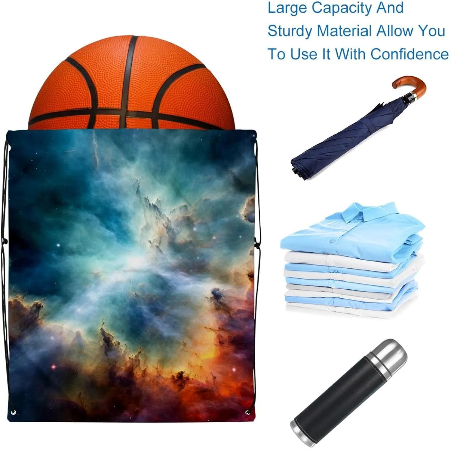 2 Pcs Stars Nebula Drawstring Backpack String Bag Sports Sack pack Gym Sack Side Pocket for Men Women