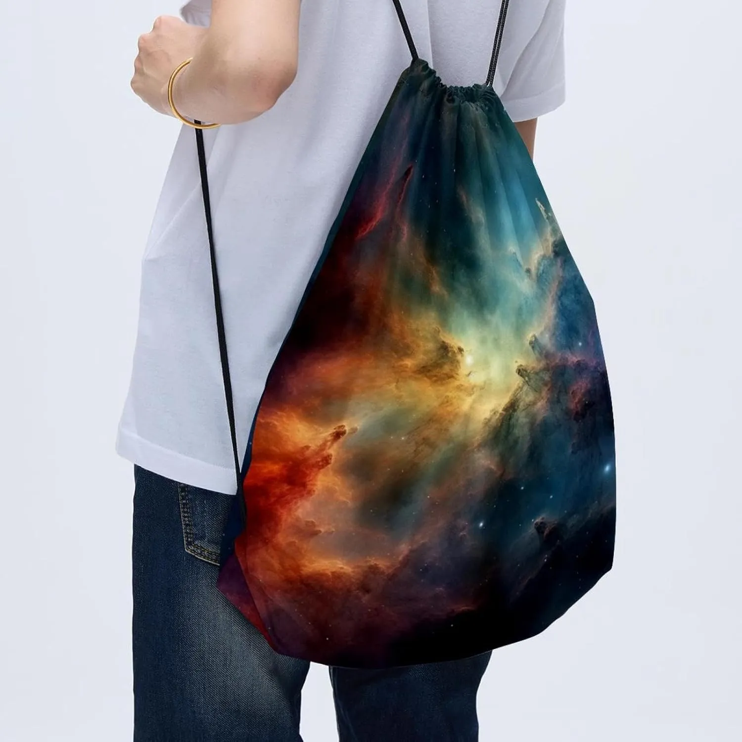 2 Pcs Stars Nebula Drawstring Backpack String Bag Sports Sack pack Gym Sack Side Pocket for Men Women