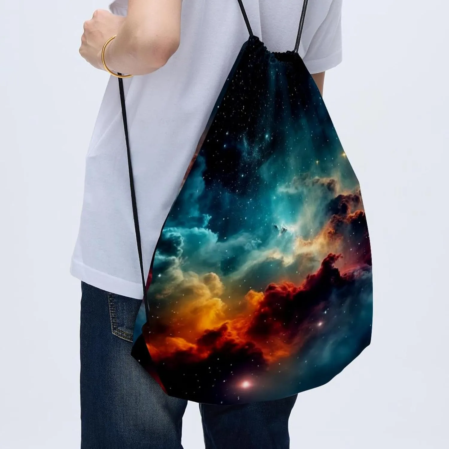 2 Pcs Stars Nebula Drawstring Backpack String Bag Sports Sack pack Gym Sack Side Pocket for Men Women