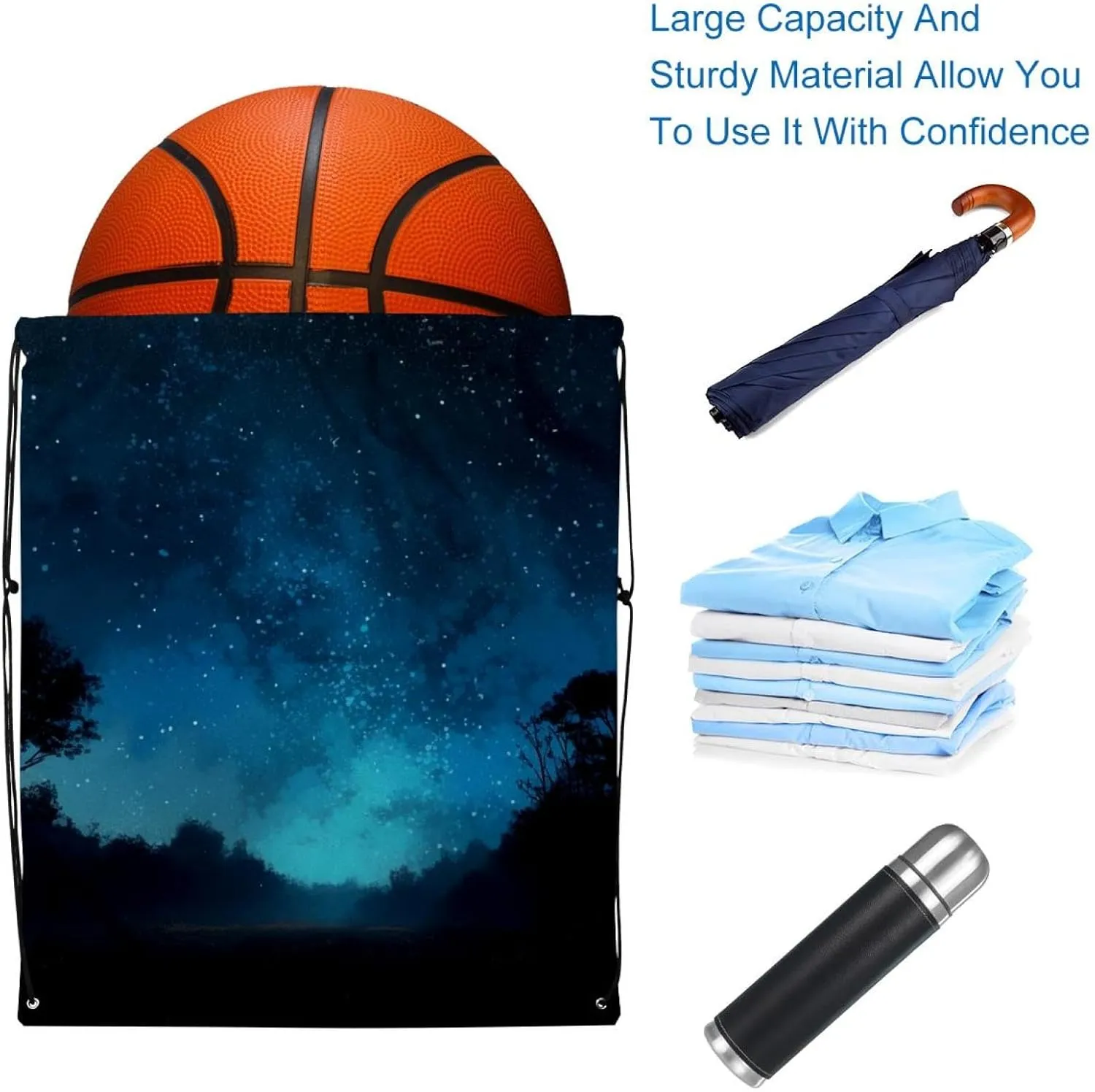 2 Pcs Stars Nebula Drawstring Backpack String Bag Sports Sack pack Gym Sack Side Pocket for Men Women