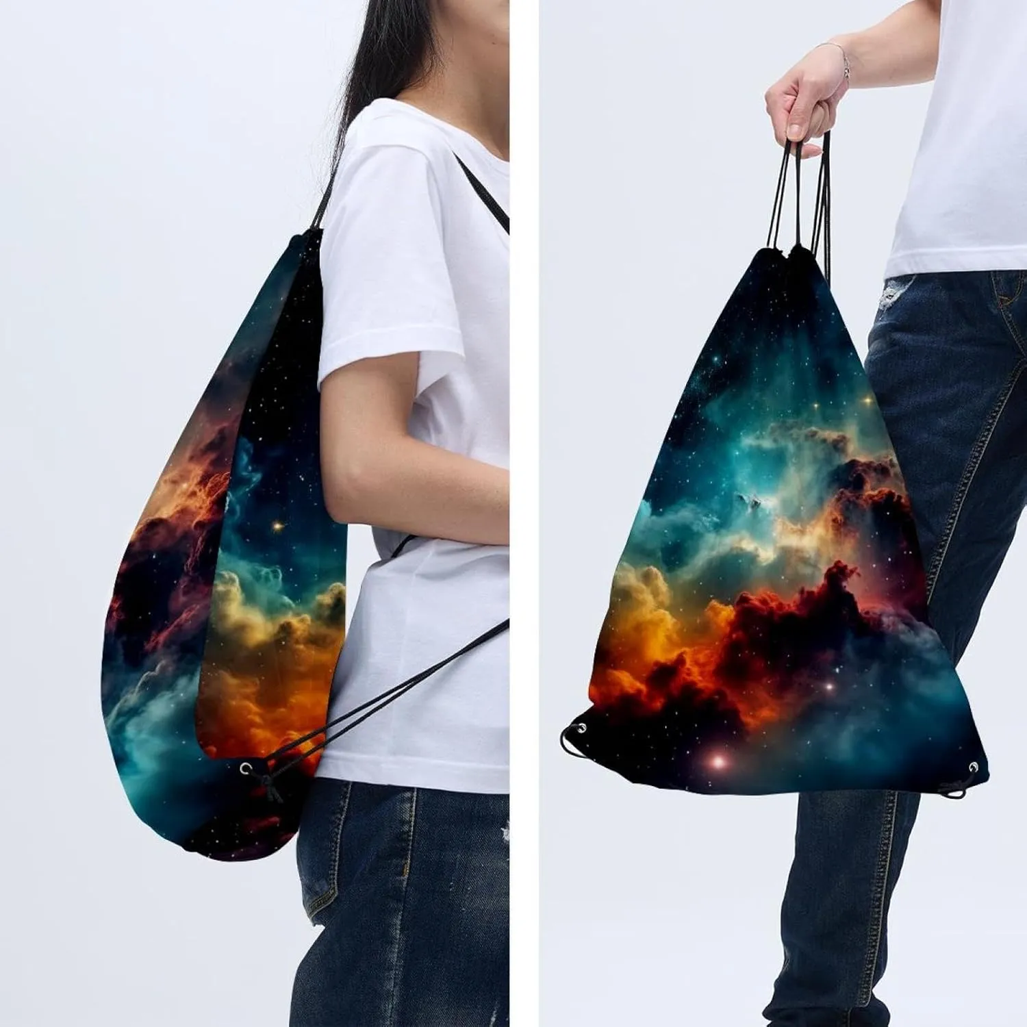2 Pcs Stars Nebula Drawstring Backpack String Bag Sports Sack pack Gym Sack Side Pocket for Men Women