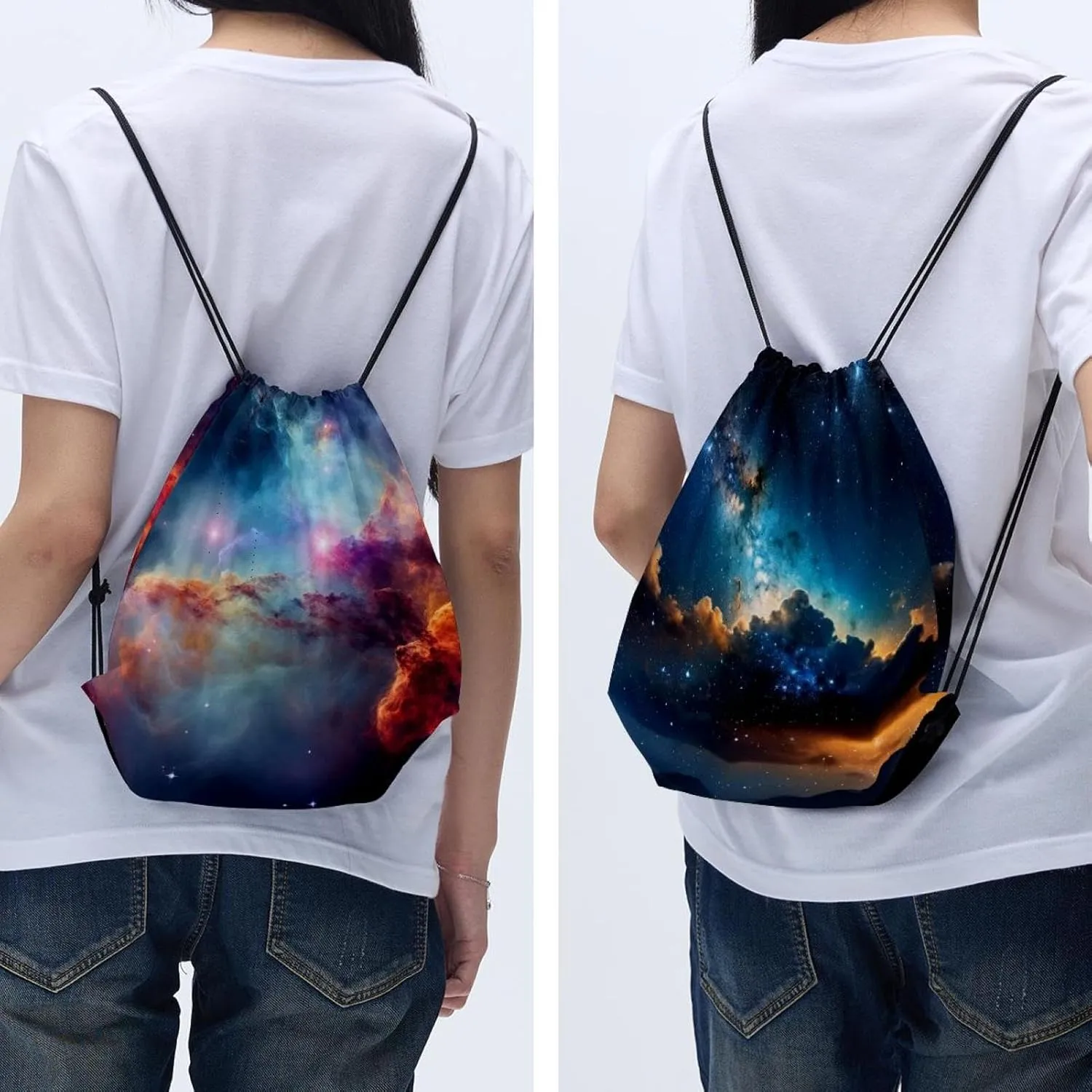 2 Pieces Drawstring Backpacks, Stars Nebula Draw String Back Bag Drawstring Bags for Sports, Gym, Travel, Swimming, Beach