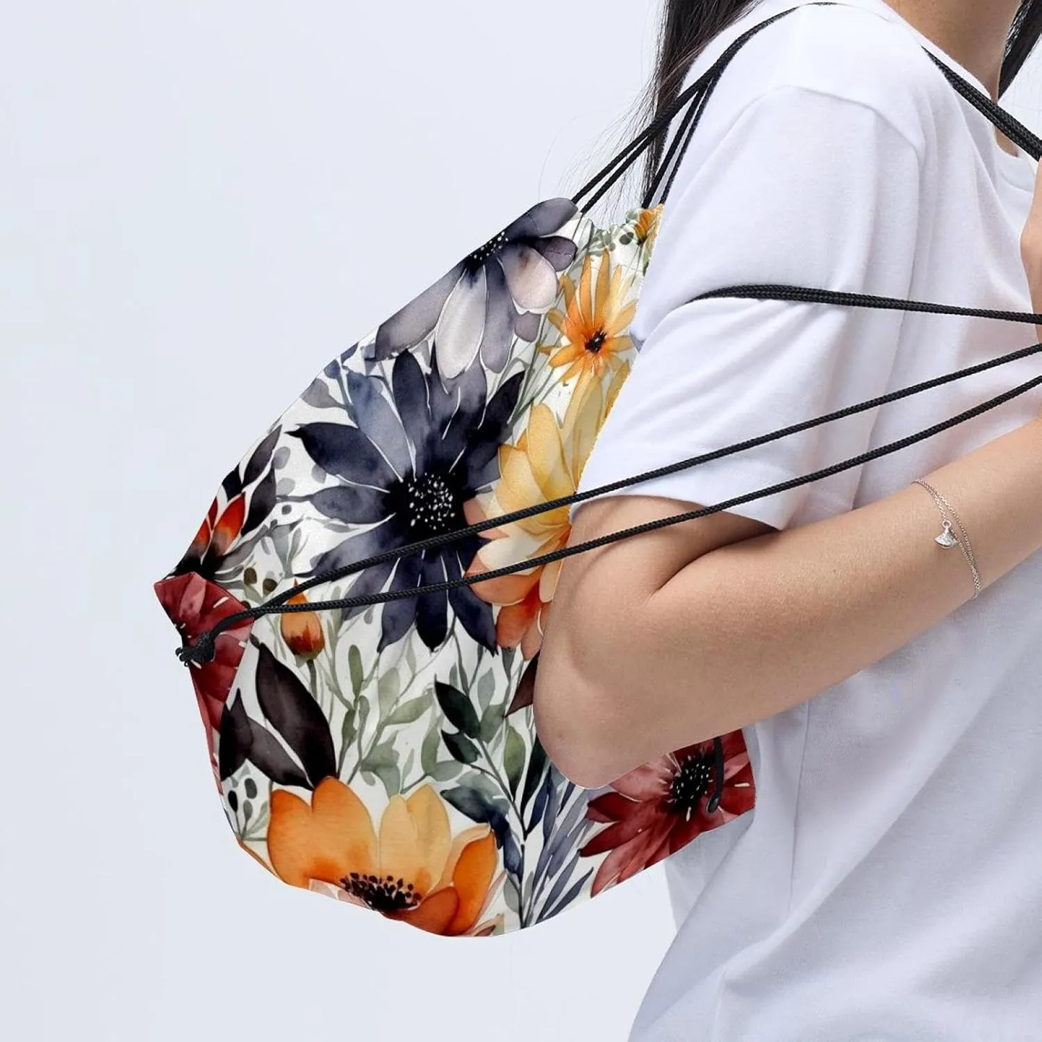 2 Pieces Flowers and Green Leaves Drawstring Backpack for Party Gym Sport Trip