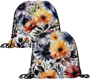 2 Pieces Flowers and Green Leaves Drawstring Backpack for Party Gym Sport Trip