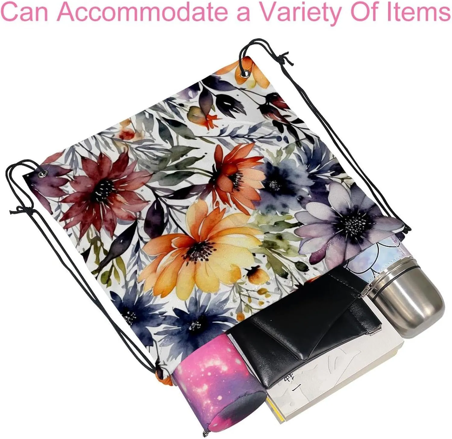 2 Pieces Flowers and Green Leaves Drawstring Backpack for Party Gym Sport Trip