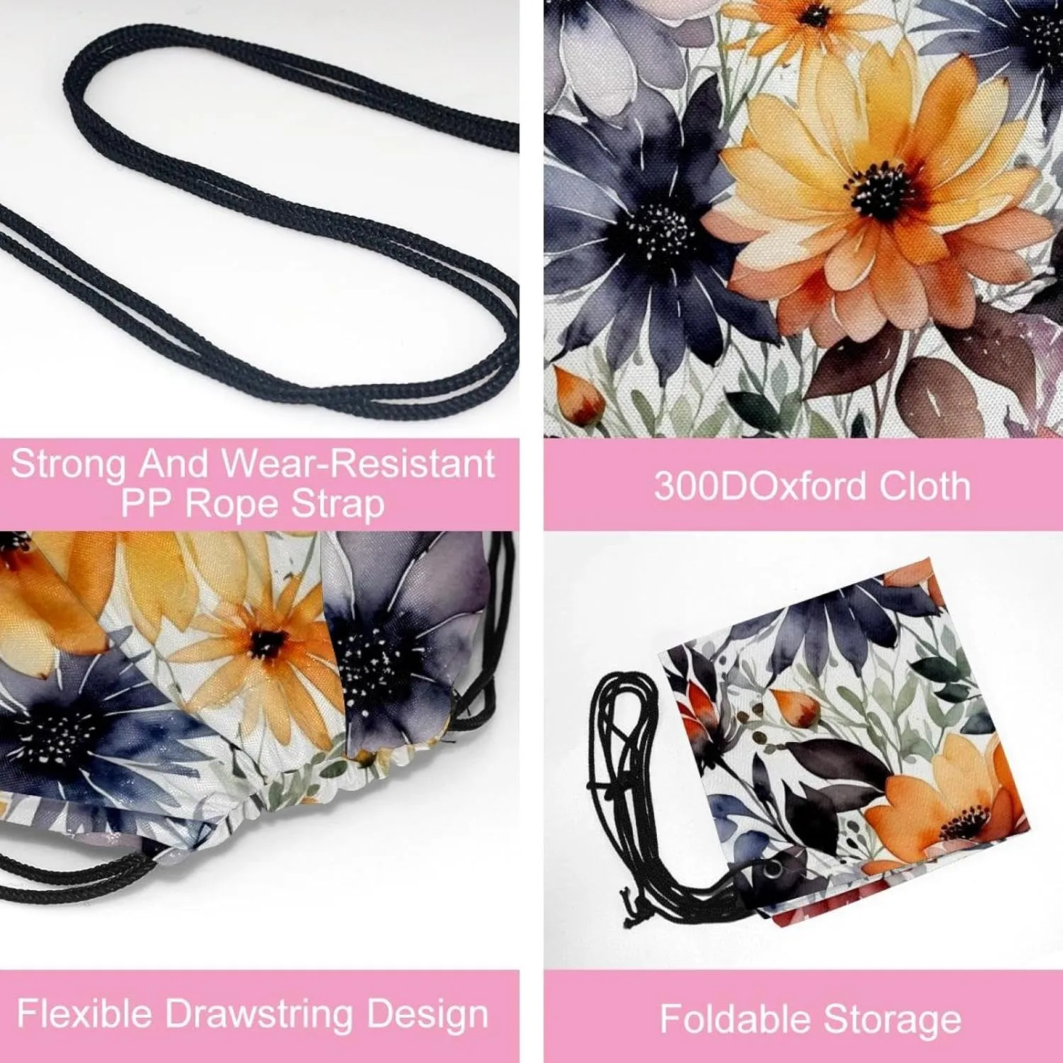 2 Pieces Flowers and Green Leaves Drawstring Backpack for Party Gym Sport Trip