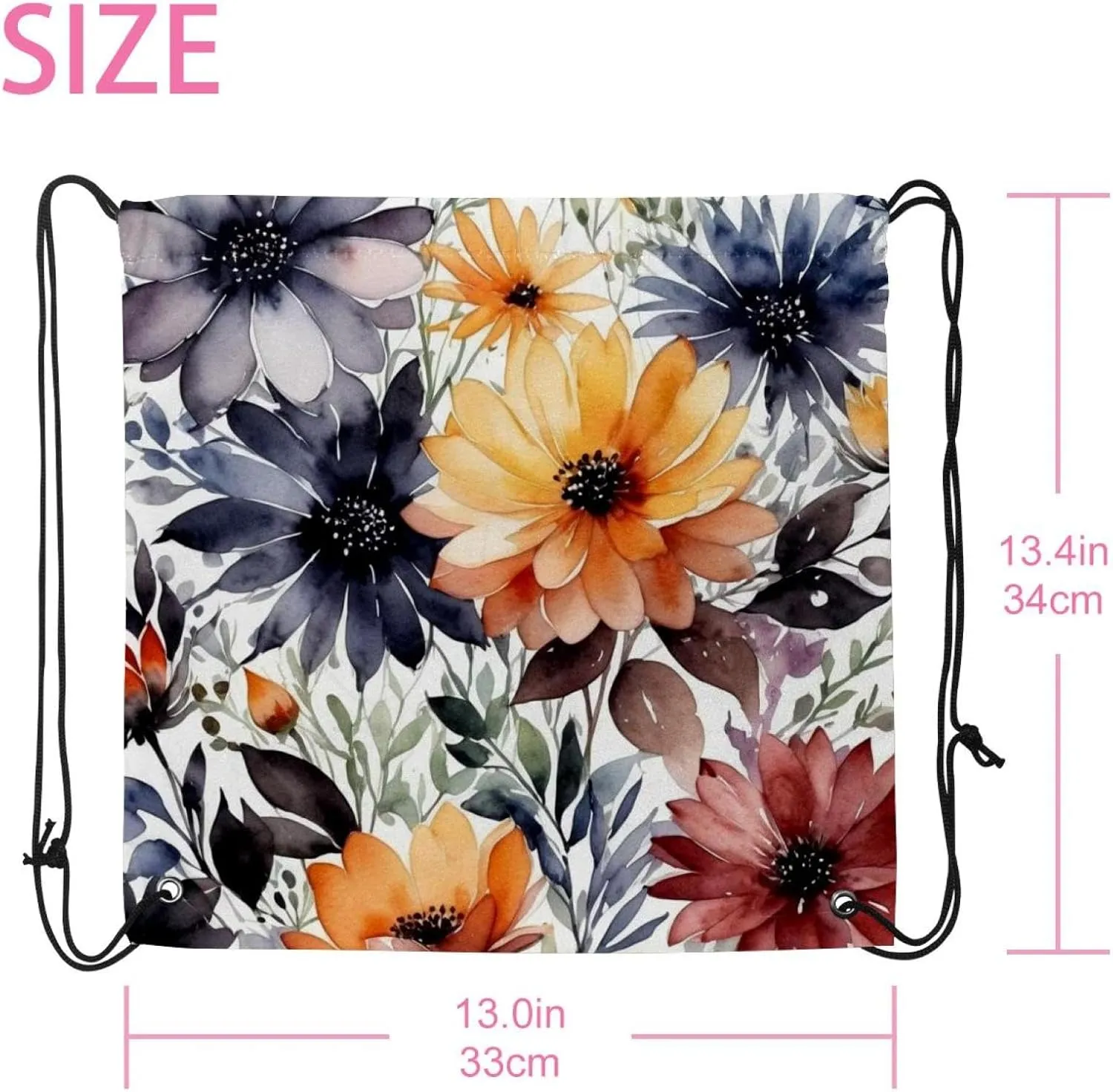 2 Pieces Flowers and Green Leaves Drawstring Backpack for Party Gym Sport Trip