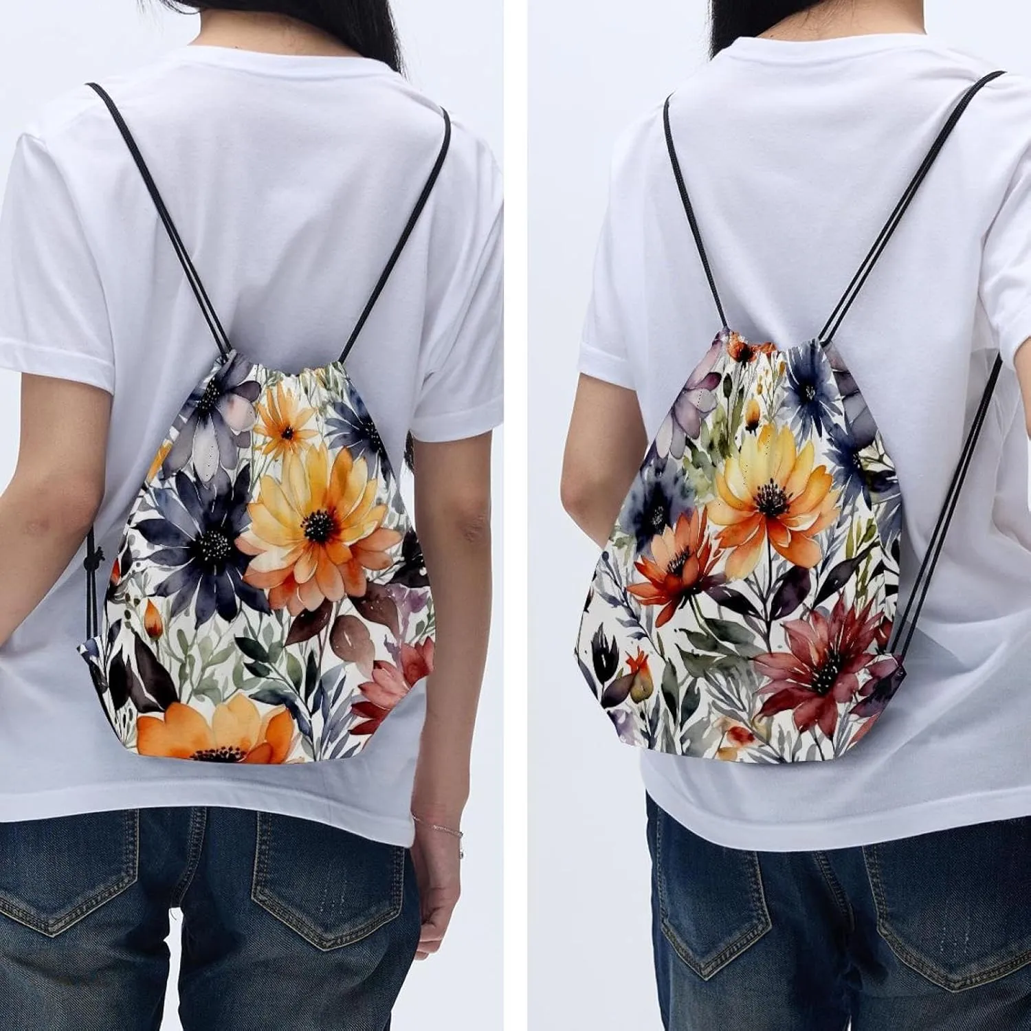 2 Pieces Flowers and Green Leaves Drawstring Backpack for Party Gym Sport Trip