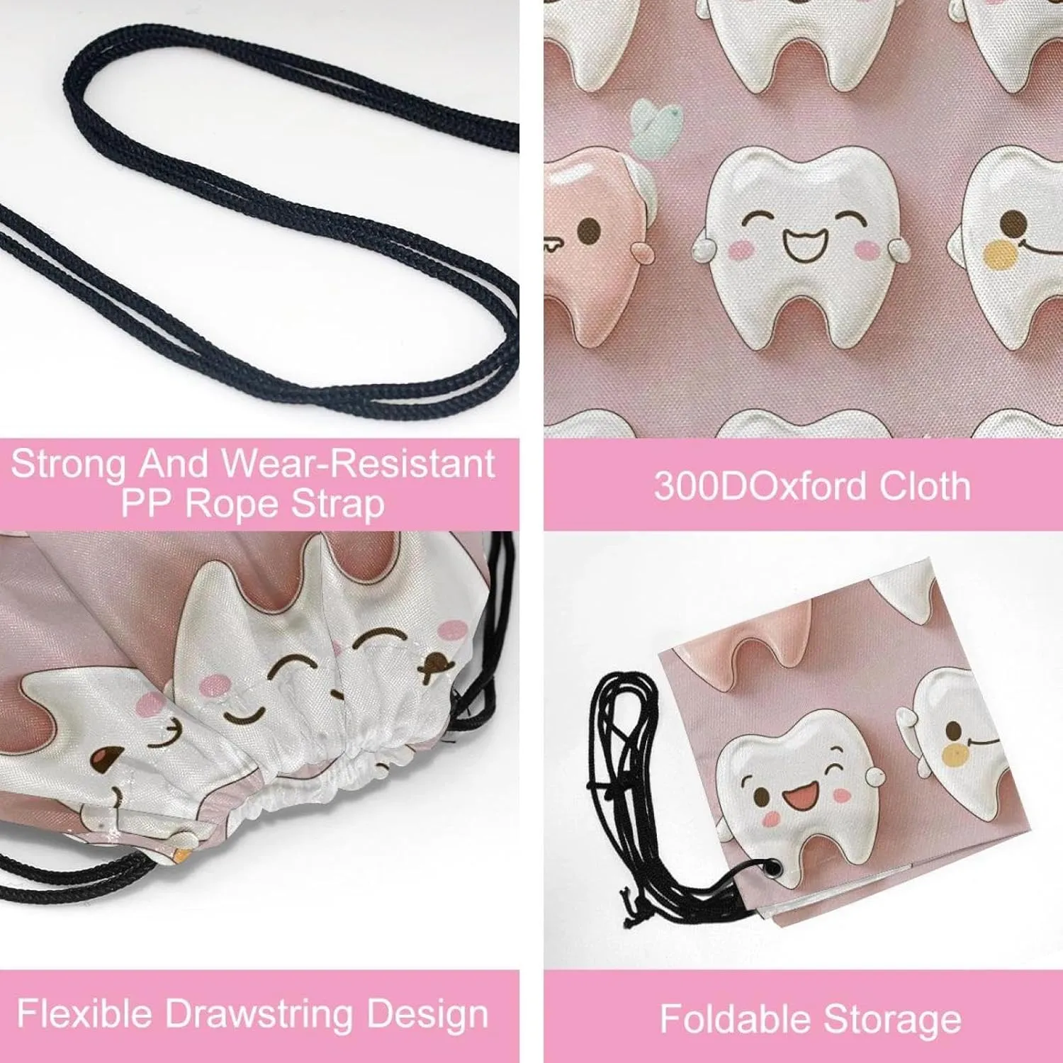 2PCS Cute Teeth Draw String Bags Drawstring Backpack for Sports, Gym, Travel, Swimming, Beach
