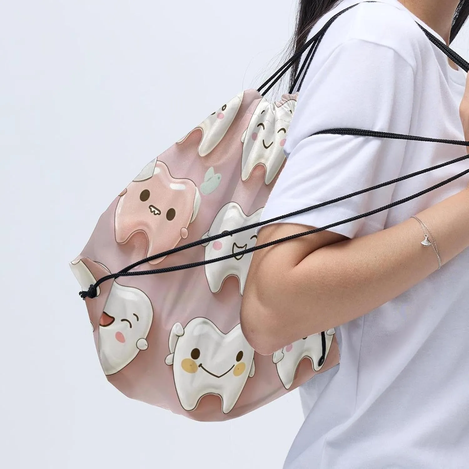 2PCS Cute Teeth Draw String Bags Drawstring Backpack for Sports, Gym, Travel, Swimming, Beach