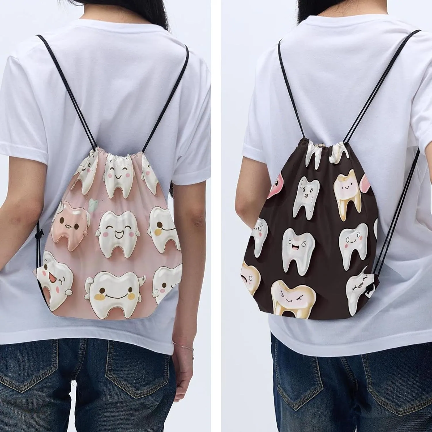 2PCS Cute Teeth Draw String Bags Drawstring Backpack for Sports, Gym, Travel, Swimming, Beach