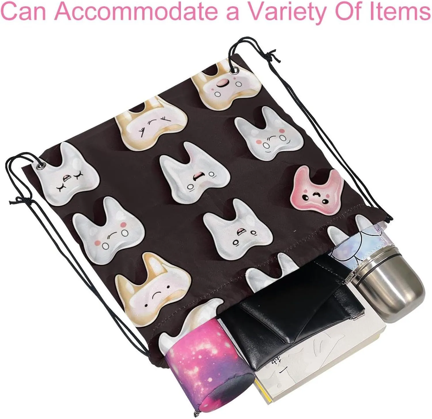 2PCS Cute Teeth Draw String Bags Drawstring Backpack for Sports, Gym, Travel, Swimming, Beach